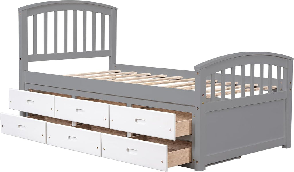 Merax Twin Size Platform Storage Bed Solid Wood Bed with 6 Drawers, Grey+ White