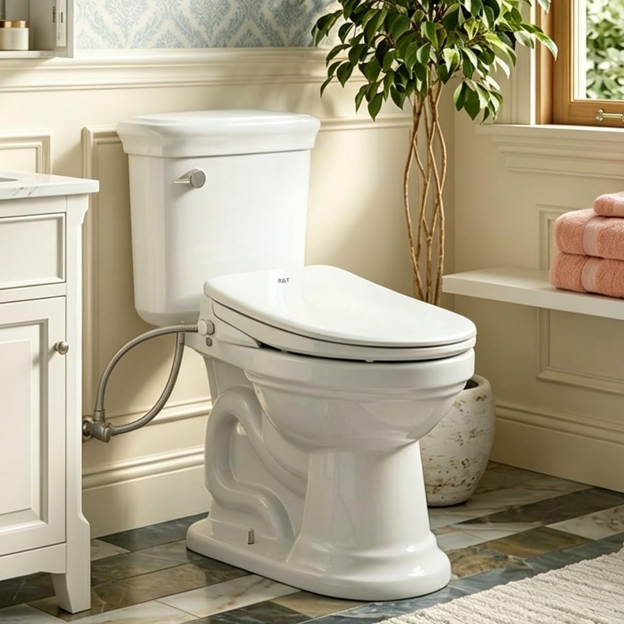 R&T Electric Bidet Seat for Small Round Toilet, Adjustable Warm Water, Air Dryer, Heated Seat, Night Light, Deodorization V305-2
