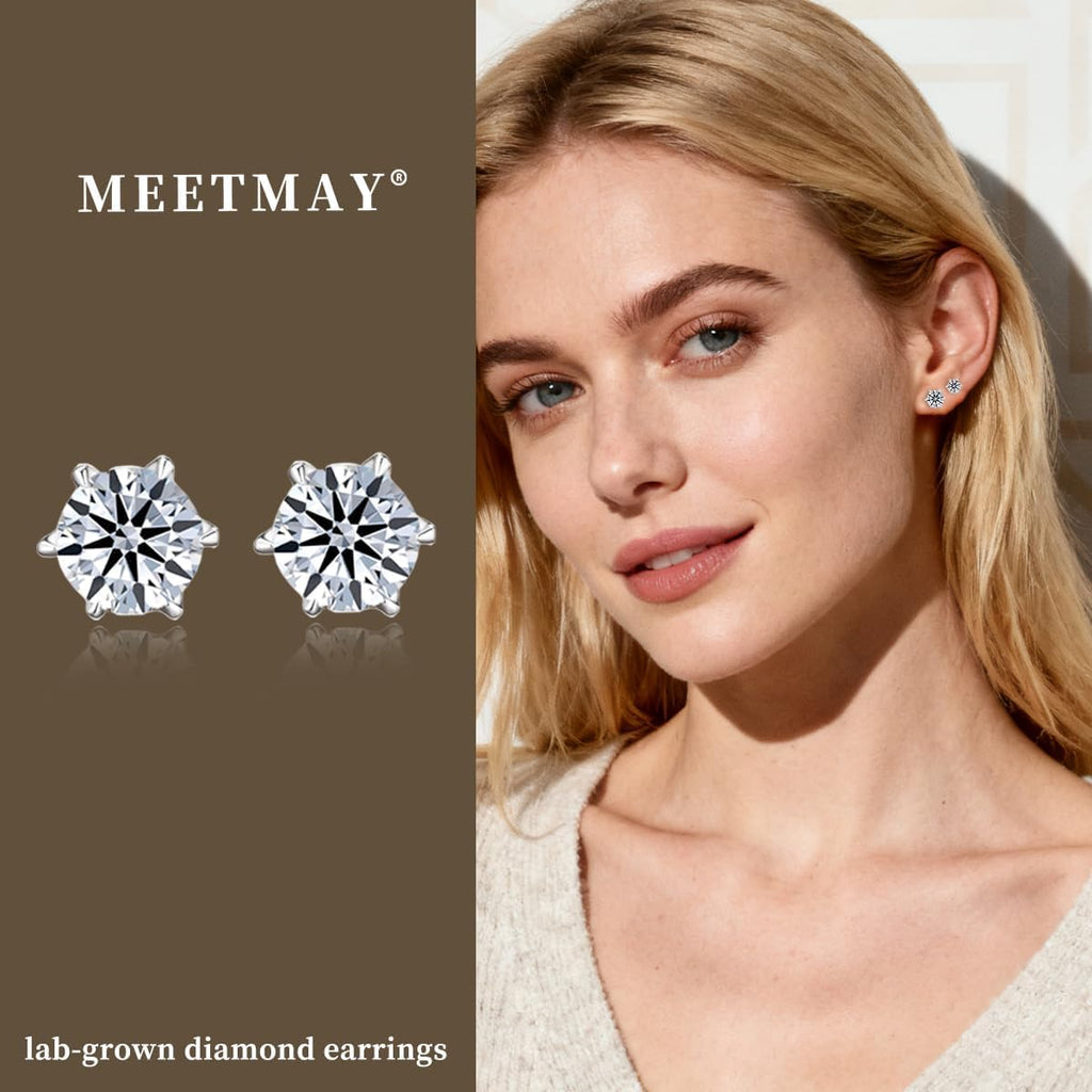0.3/0.5/1carst Round Lab Diamond Stud Earrings for Women | 925 Sterling Silver Studs | Hypoallergenic Fine Jewelry | 6-Prong Basket, Push Back Nut | VVSI/VSI Clarity, D/EF Color, Round Cut