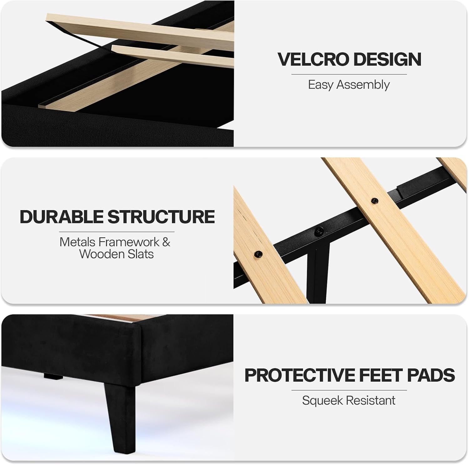 Lihimte Full Size Bed Frame with Led Lights, Upholstered Velvet Platform Bed Frames with Button Tufted Wingback Headboard and Footboard, Wooden Slats Support, No Box Spring Needed, Black