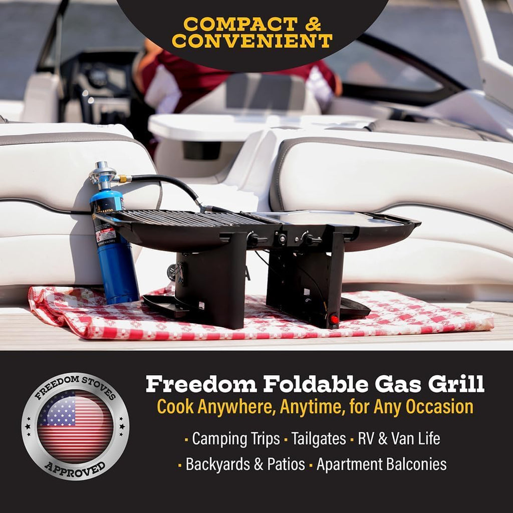 Portable Propane Grill & Griddle Combo by Freedom – Lightweight Foldable Gas Grill (16 lb), Dual Burners 9,200 BTU, Electric Ignition, Tote Included – Ideal for Camping, RV, Tailgating