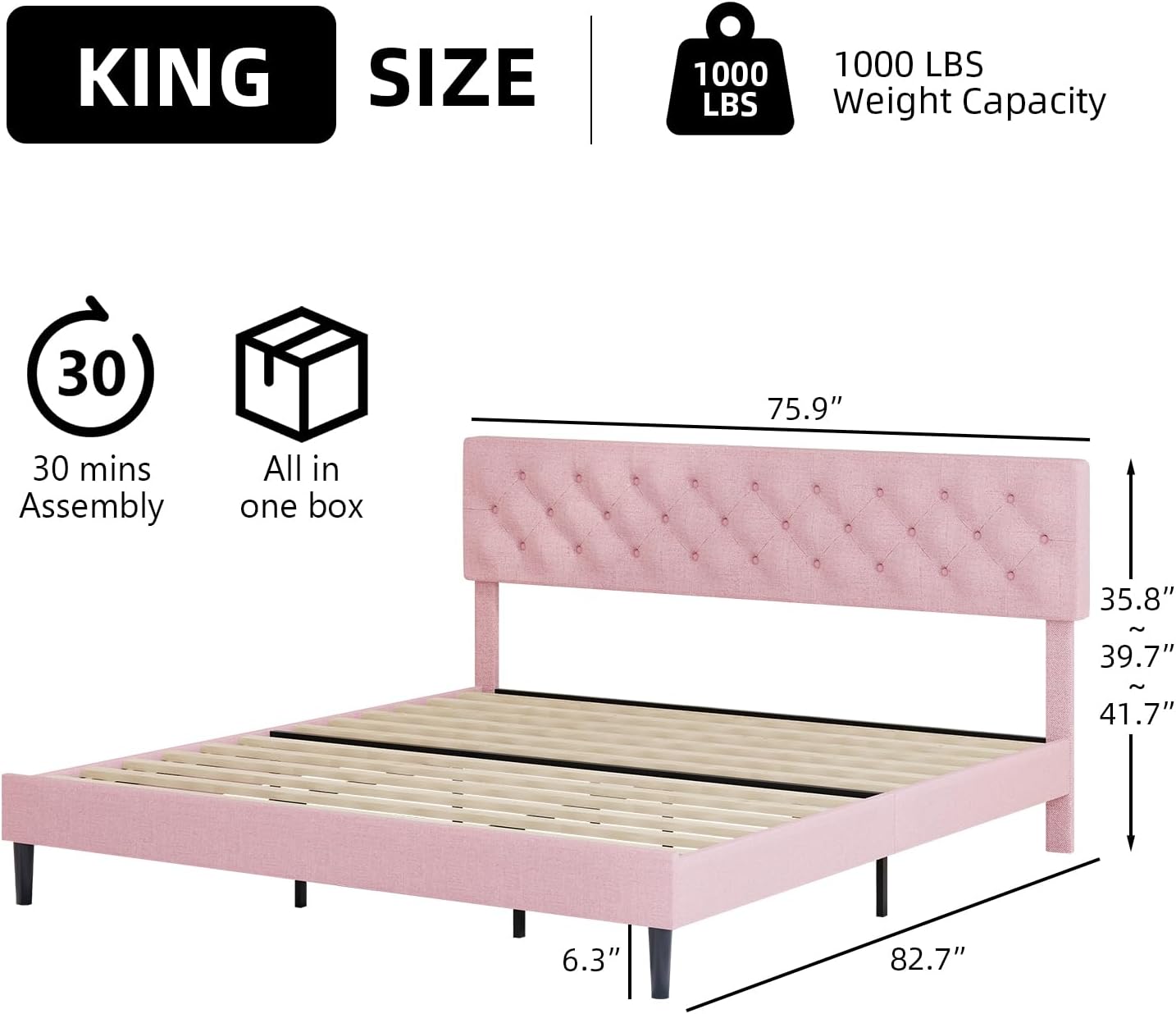 BarnFurin King Size Platform Bed Frame, Fabric Upholstered Bed with Button Tufted Headboard, Adjustable Headboard Design, Easy Assembly, No Box Spring Required, Pink