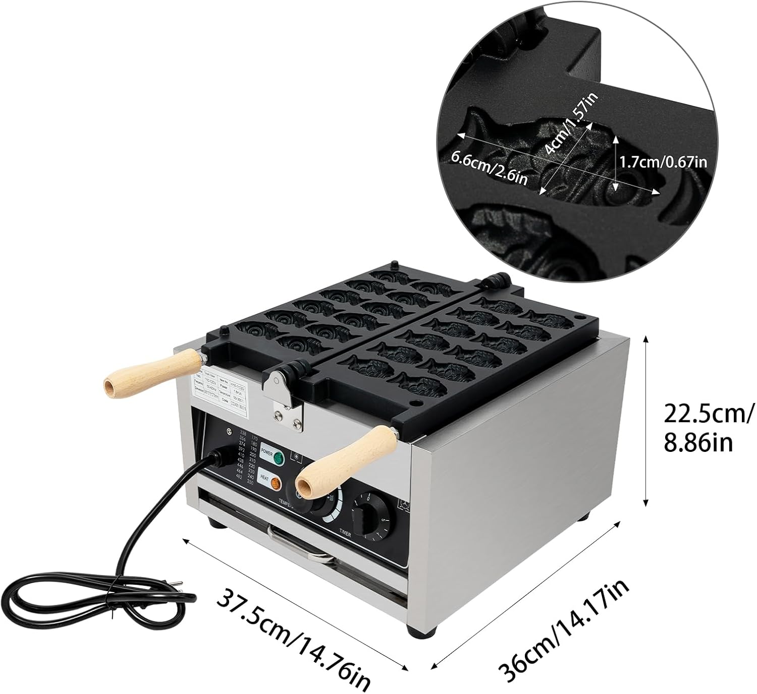 12PCS Fish Shaped Waffle Maker, Electric Commercial Stainless Steel Nonstick Waffle Baker Machine Popular Snack Equipment New Belgium Waffle Baker Maker (Fish Shaped)