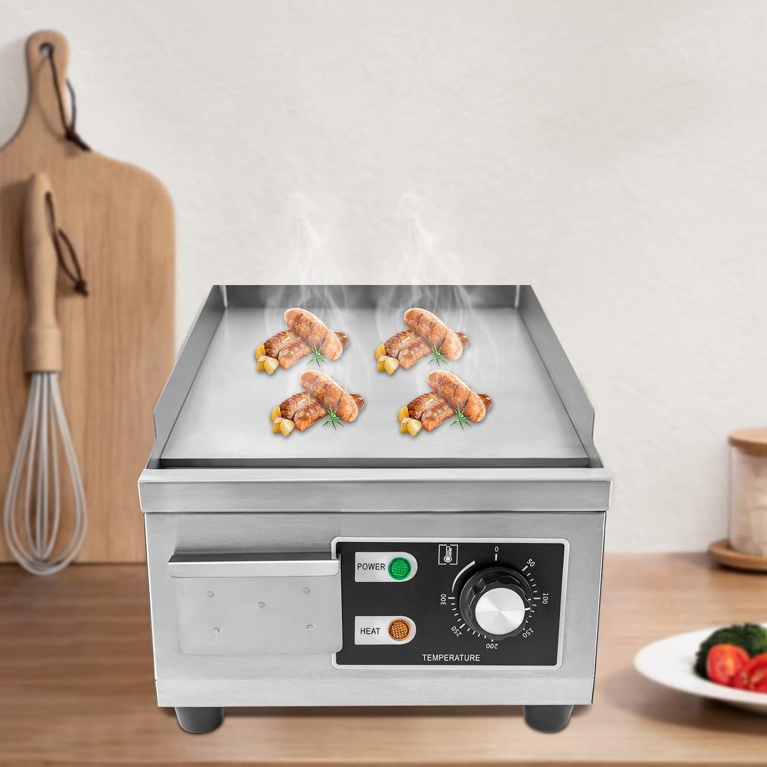 Commercial Electric Griddle, 1300W Stainless Steel Flat Top Griddle with Temperature Control 122-572℉, 11x15.8in Commercial Countertop Griddle for Steak Pancake Kitchen Restaurant