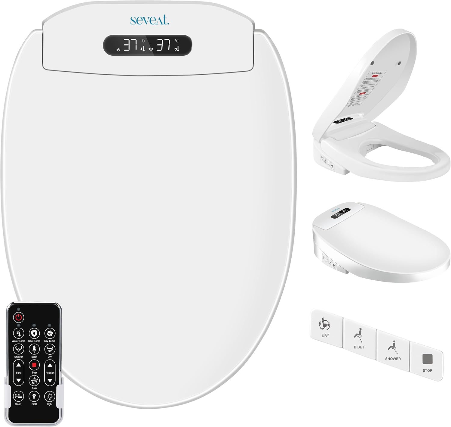 Electric Heated Bidet Toilet Seat – Instant Warm Water, Dryer, Feminine and Rear Wash | Wireless Remote | Self-Cleaning Nozzle | LED Temperature Display | Bathroom Comfort and Hygiene (Rounded)