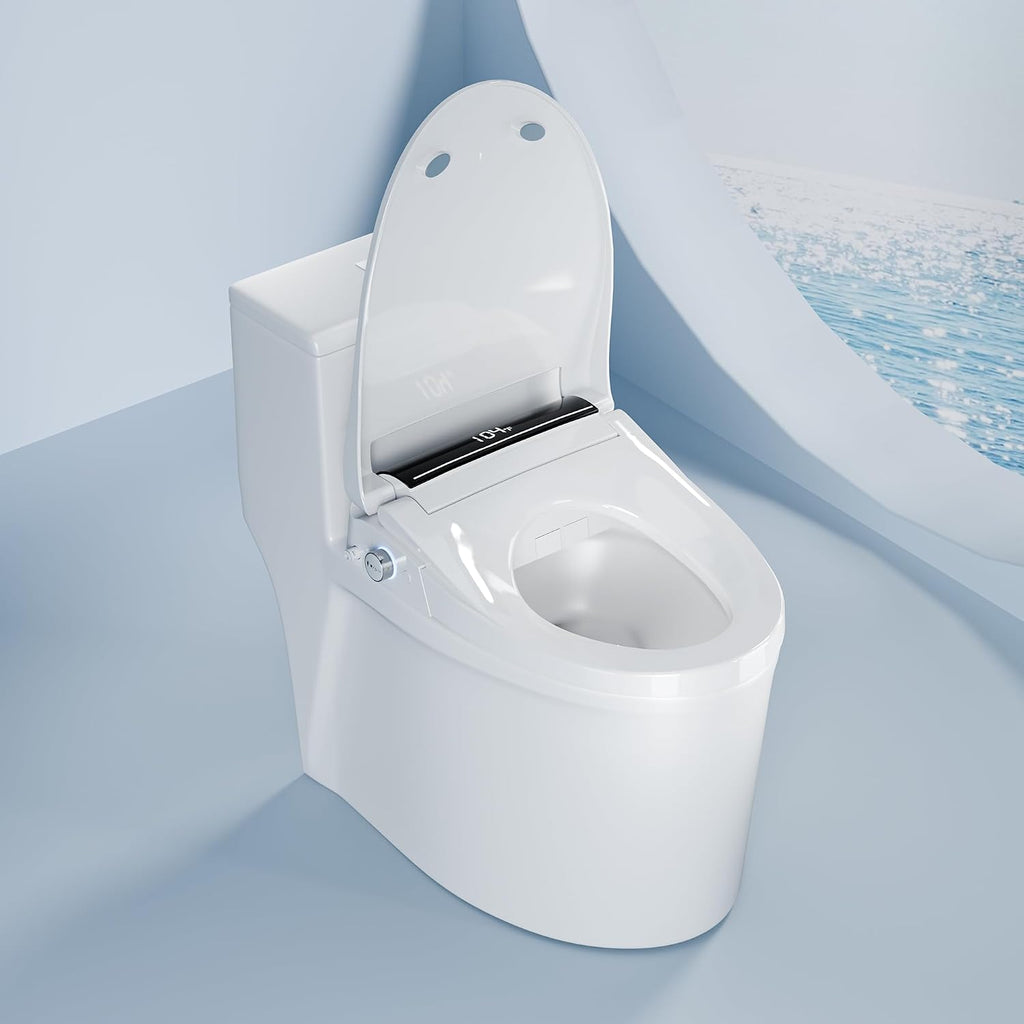 Electric Toilet Seat Elongated with Voice Control, Heated Toilet Seat with Warm Water & Dryer, Radar Sensor Auto Open/Close, LED Temp Display, Electric Bidet Toilet Seat for Bathroom