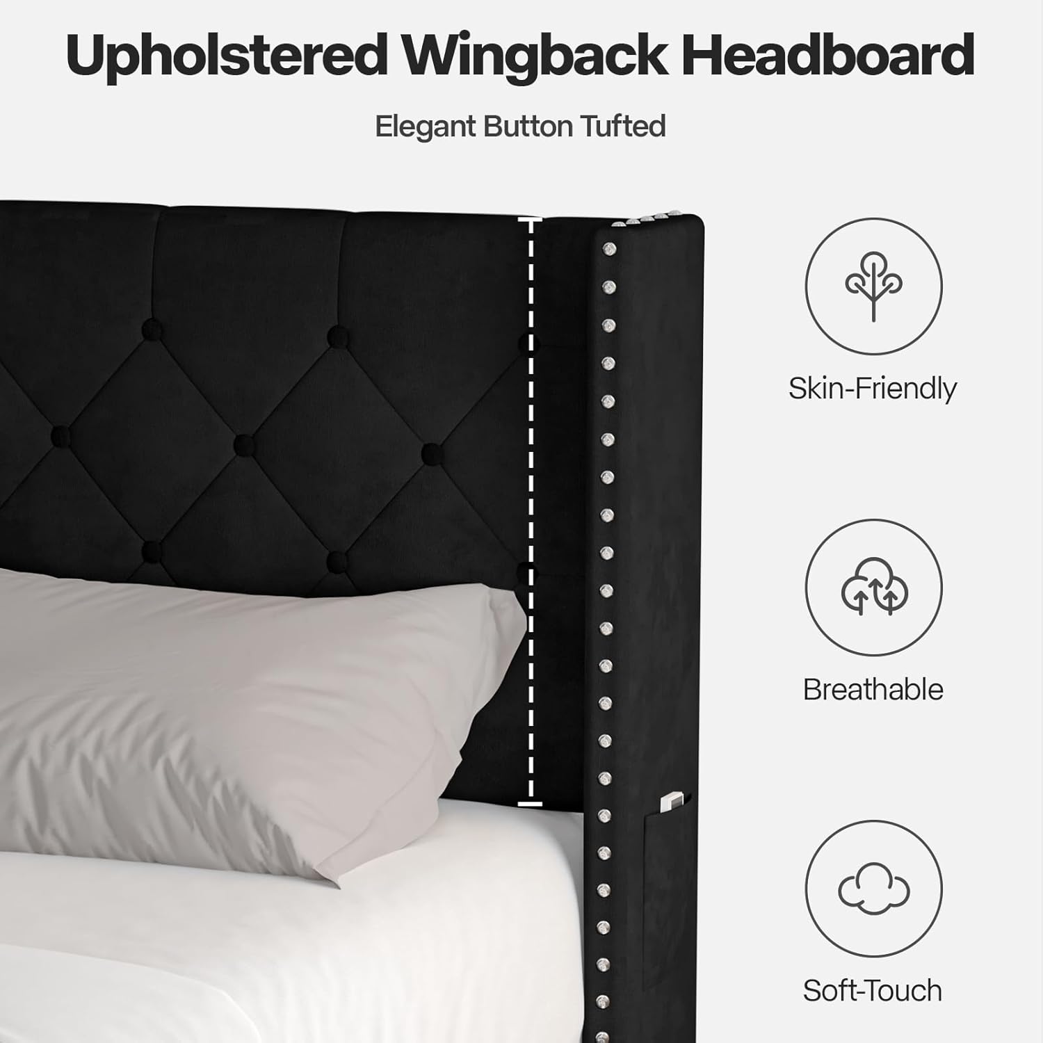 Lihimte Full Size Bed Frame with Led Lights, Upholstered Velvet Platform Bed Frames with Button Tufted Wingback Headboard and Footboard, Wooden Slats Support, No Box Spring Needed, Black