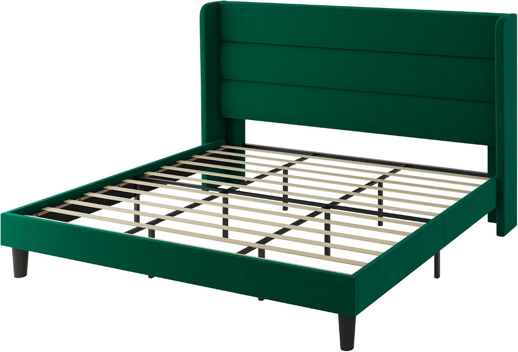 SHA CERLIN King Size Velvet Bed Frame with Wingback Headboard/Upholstered Platform Bed with Wooden Slats/Mattress Foundation/No Box Spring Needed/Easy Assembly/Green