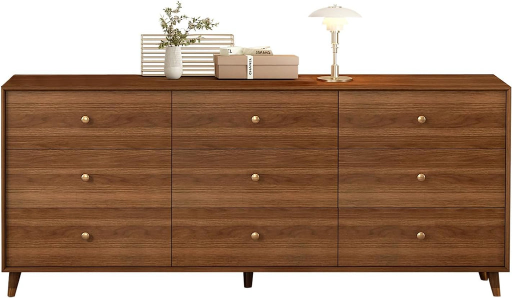 Messenya 9 Drawer Dresser for Bedroom, 63 Inch Walnut Dresser for Closet, Mid Century Wood Chest of Drawers with Natural Texture & Pre-Embedded Slots for TV Stand, Living Room, Hallway, Office