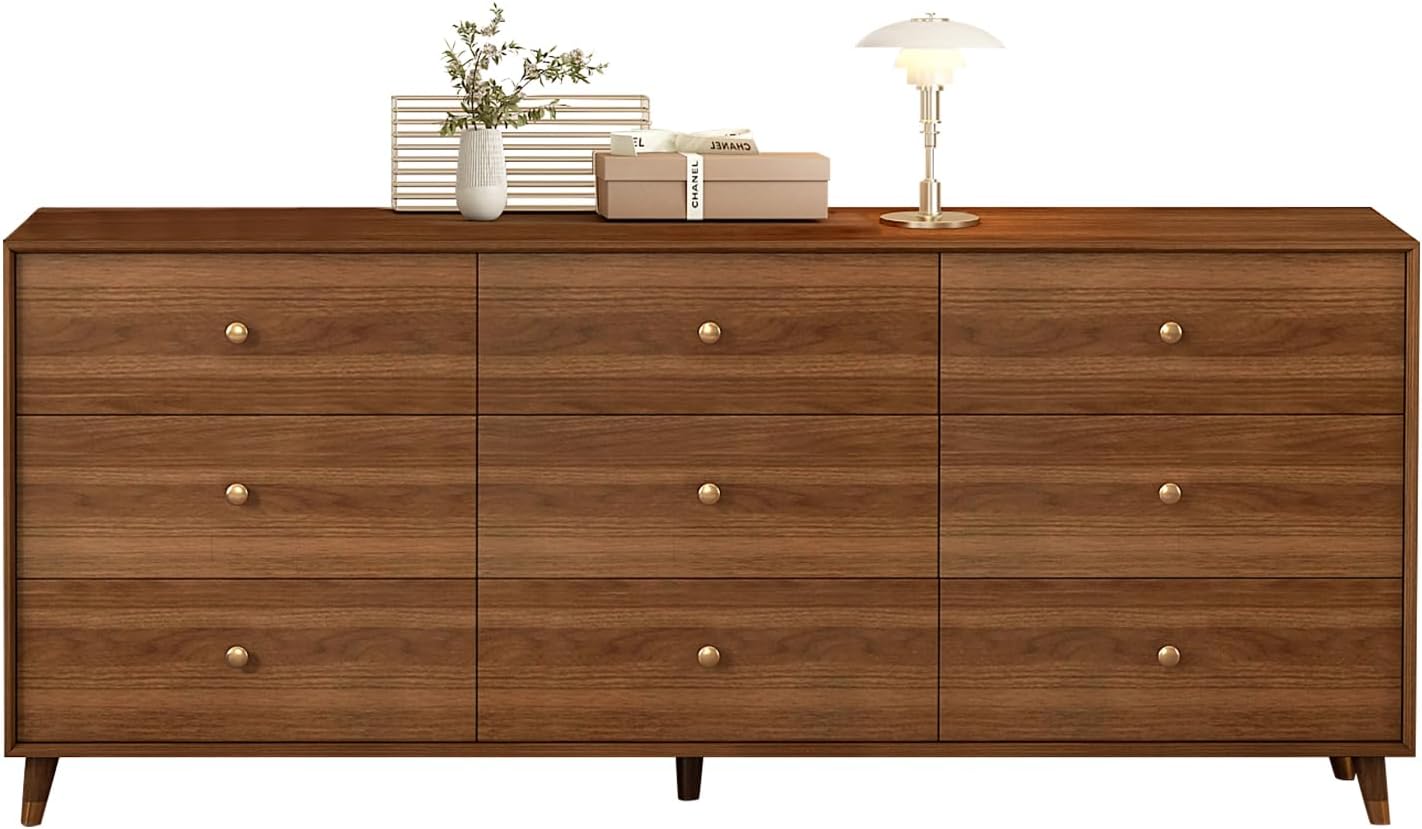 Messenya 9 Drawer Dresser for Bedroom, 63 Inch Walnut Dresser for Closet, Mid Century Wood Chest of Drawers with Natural Texture & Pre-Embedded Slots for TV Stand, Living Room, Hallway, Office