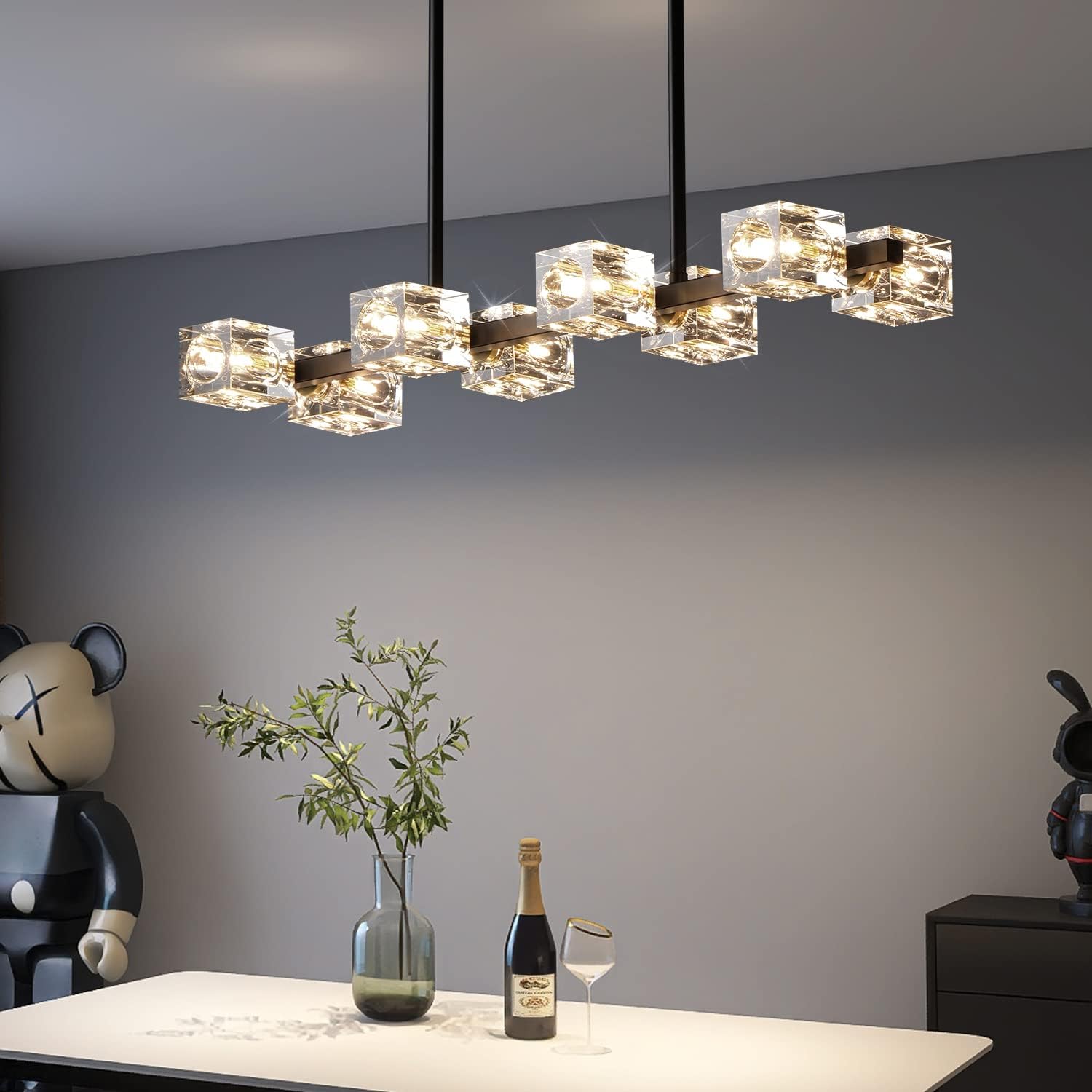 Modern Crystal Chandelier for Dining Room,Black and Gold Pendant Lights Fixture with 8-Lights,Adjustable Height Hanging Ceiling Light for Kitchen Island,Bedroom,Over Table,Living Room