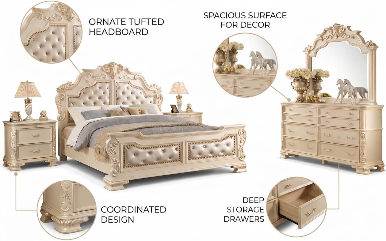 First of a Kind Victoria Off White Traditional 4 Piece Queen Bedroom Set with Upholstered Tufted Headboard Elegant European Inspired Design Coordinated Furniture Collection