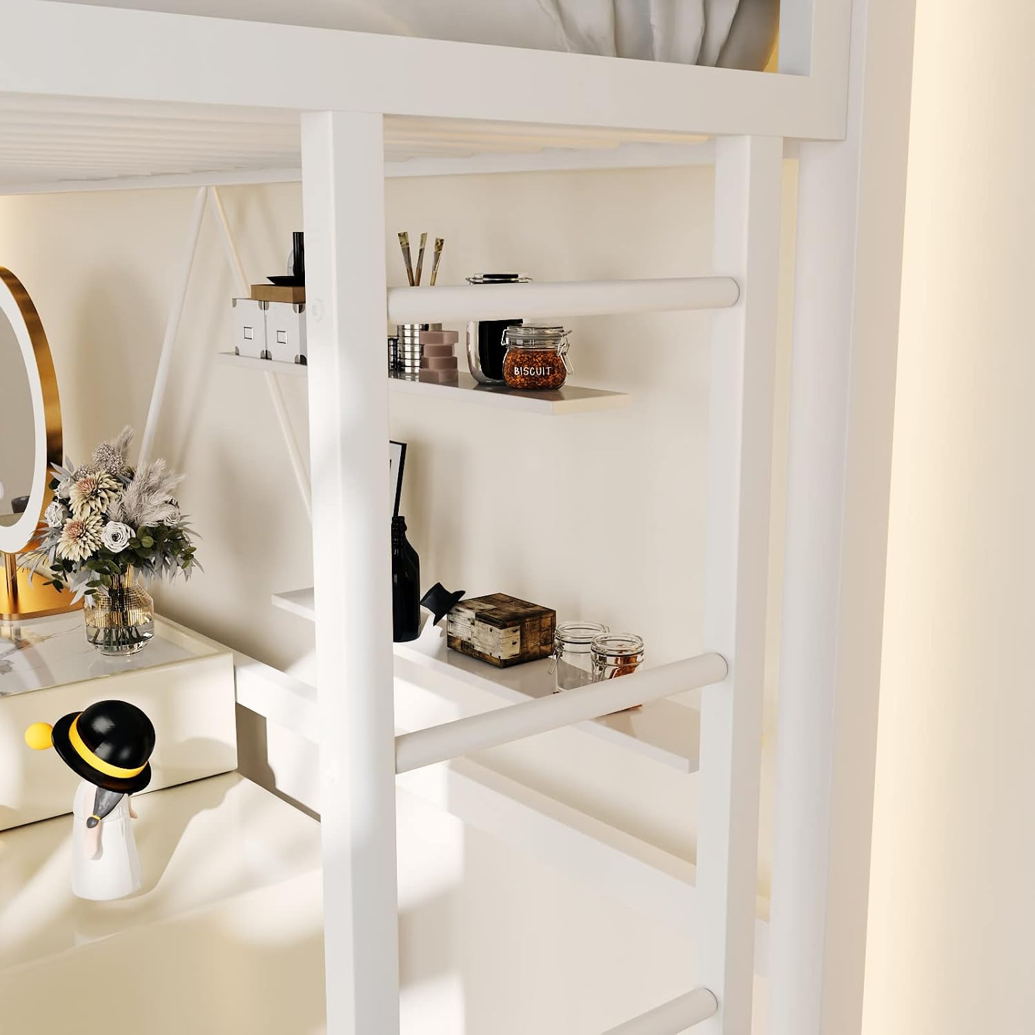 ikalido Metal Loft Bed Twin Size with Safety Guardrail and Ladder, No Box Spring Needed Space Saving Bedroom Furniture,Cream White