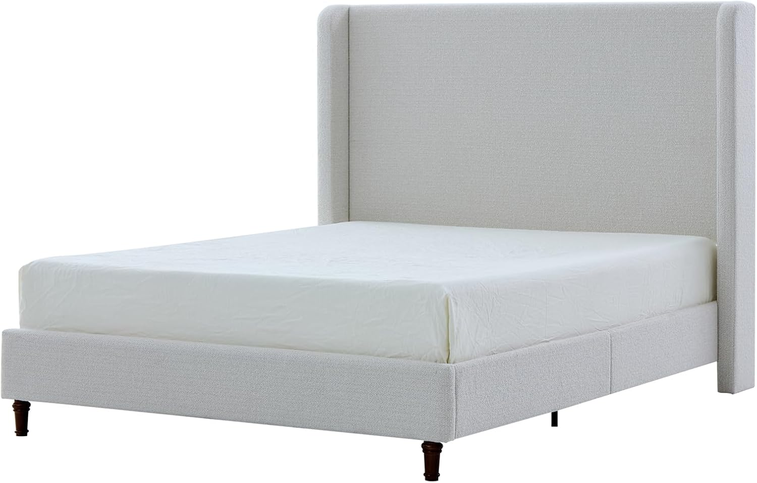 King Boucle Bed Frame with 54' Tall Headboard - Cream White Harper Wingback Upholstered Platform Bed Elegant Simplicity Bedroom Furniture Strong Mattress Wood Slats Support No Box Spring Needed