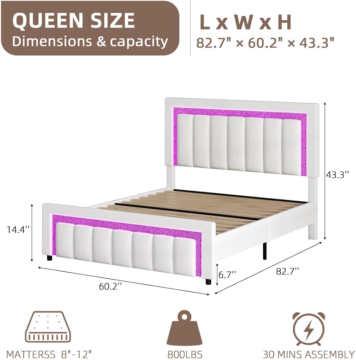 HOMBCK Queen Size Bed Frame with LED Lights and Velvet Upholstered Adjustable Headboard, Bed Frame Queen with Diamond Headboard & Footboard, Wood Slats Support, Noise Free, No Box Spring Needed, White