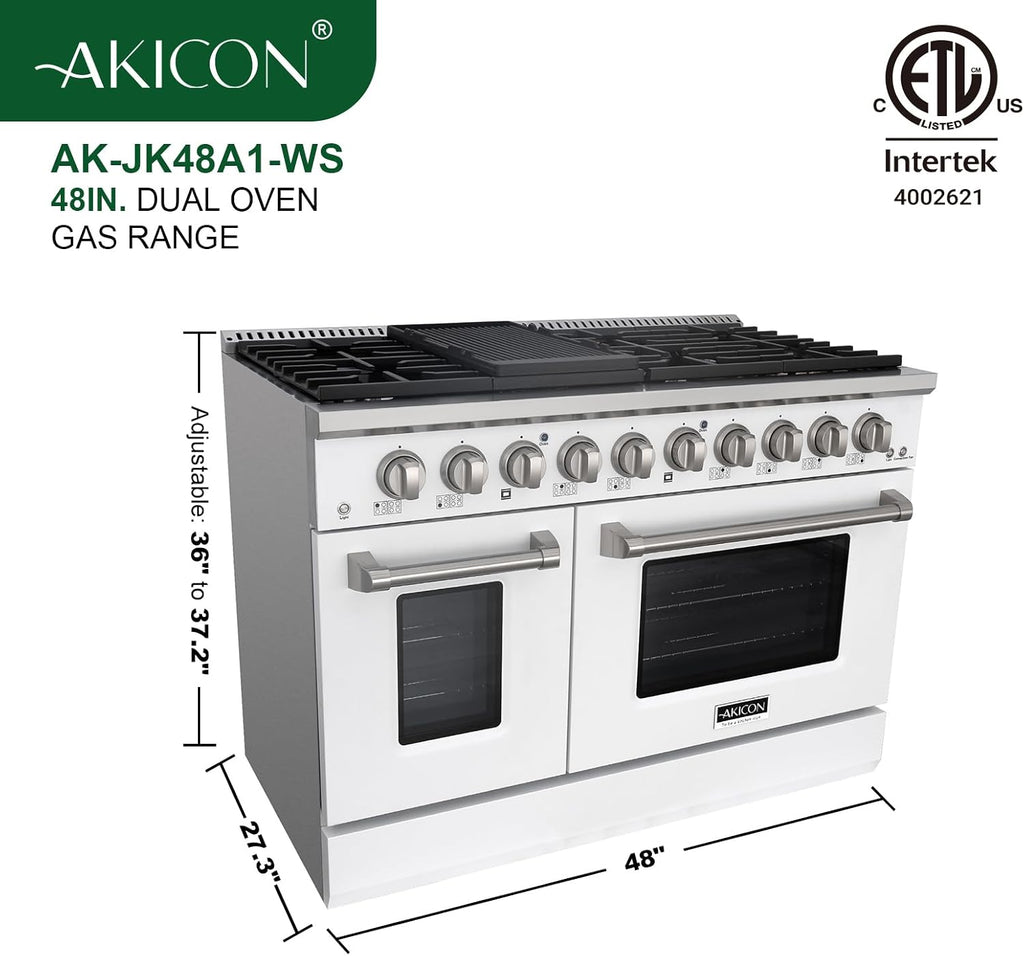 Akicon 48 Inch Freestanding Gas Range - 6.7 cu. ft. Double Rapid Convection Gas Oven Stove with 8 Sealed Burners & a Griddle, Heavy Duty Cast Iron Grates (White & Stainless Steel)