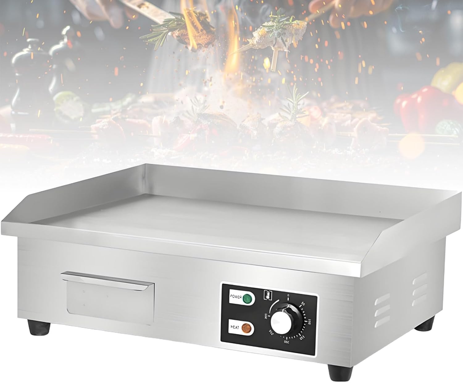 Commercial Electric Griddle, 3000 W Nonstick Stainless Steel Electric Griddle, Stainless Steel Countertop Grill with Flat Surface, 8mm thick iron plate, For Camping, Commercial 45 * 40 * 21CM