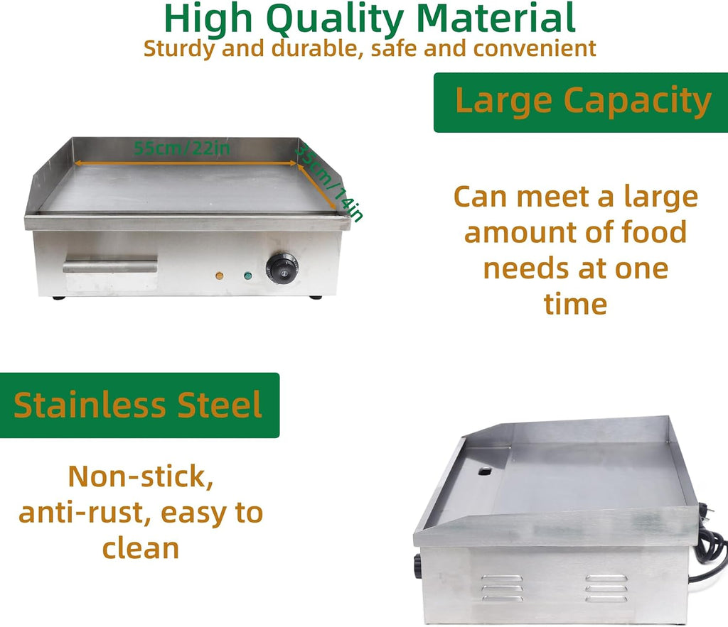 4400W Non-Stick Commercial Electric Table Top Griddle, 572°F/300℃ Thermostatic Double Control Flat Top Grill with Overload Circuit Breaker, Stainless Steel Teppanyaki Grill for Pancakes, Omelets, etc