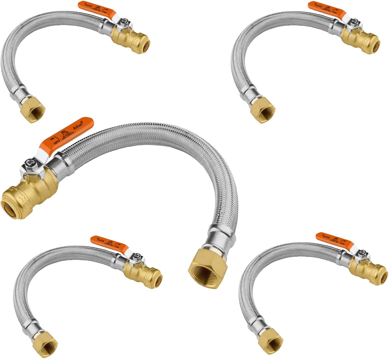 (5 Pack) Seelink 12-Inch Stainless Steel Flexible Heater Hose, 1/2 Inch Push-fit Ball Valve x 3/4 Inch FIP, Push-to-Connect for Copper, PEX, and CPVC