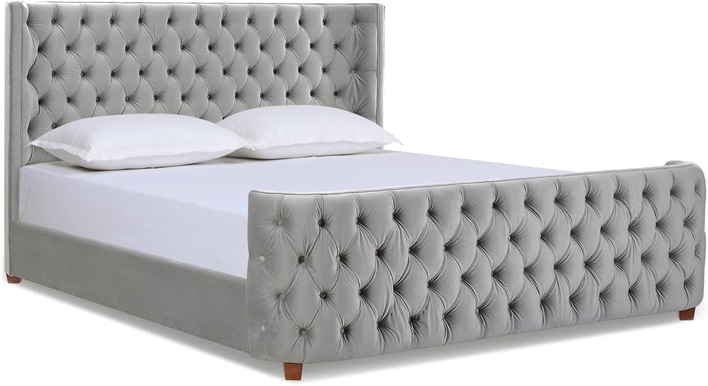 Jennifer Taylor Home Harmonie King Tufted Panel Bed Headboard and Footboard Set, Opal Grey Velvet