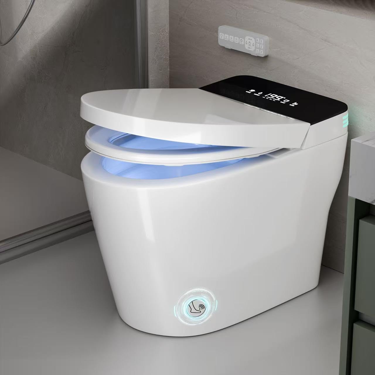 Smart Toilet with Bidet Built In, ADA Comfort Height, One Piece Elongated Toilet with Tank Built in, Pump, Auto Open Close Quiet Flush, Foam Shield, Voice Control Heated Seat,Instant Warm Water