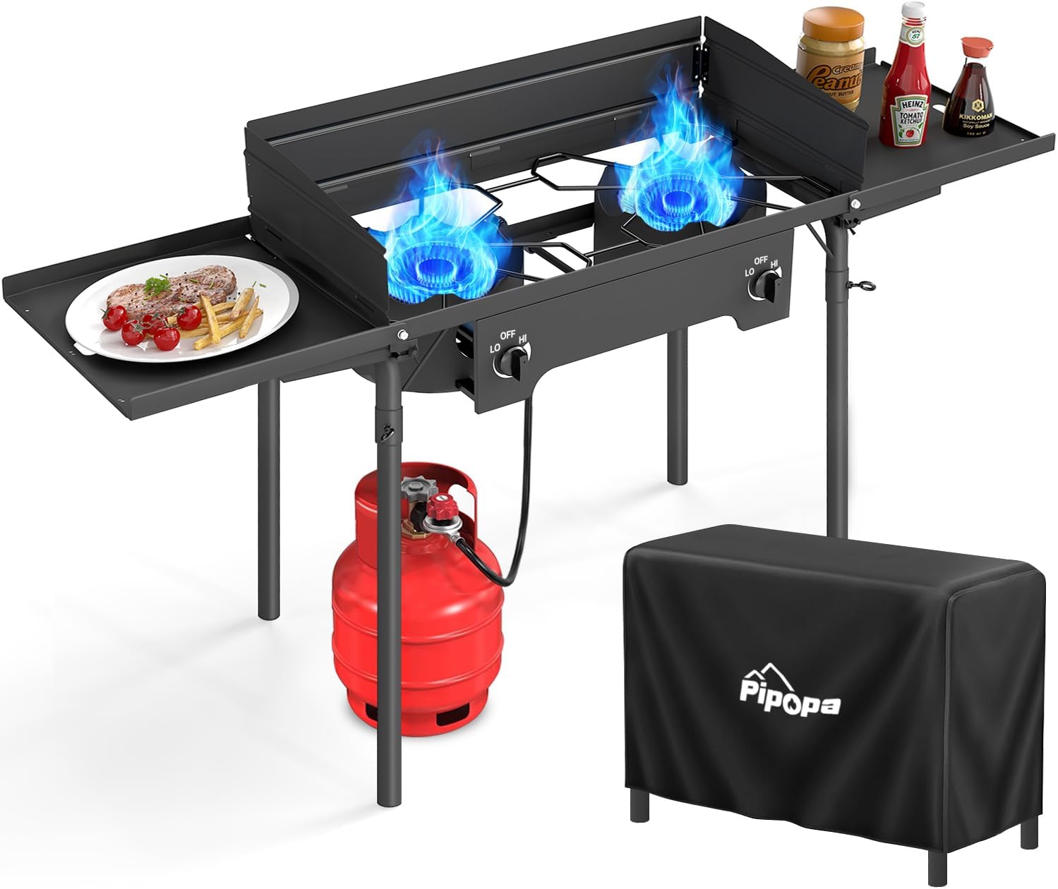 2 Burner Propane Camp Stove | 150,000 BTU Gas Burners | Side Shelves | Windscreen | Waterproof Cover | Detachable Legs | Ideal for Camping Backyard Outdoor Cooking