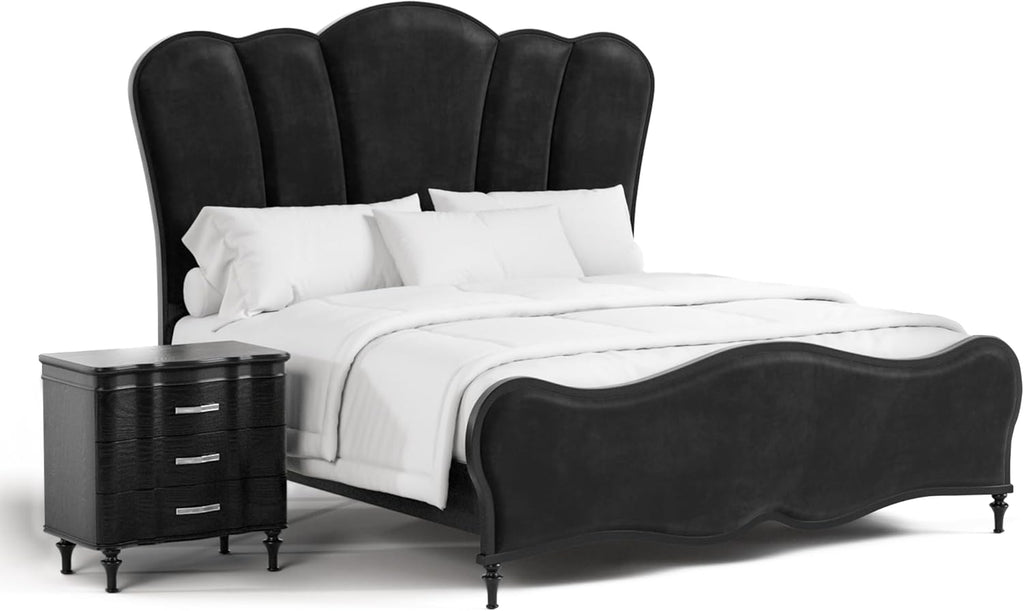 Furniture of America Seabliss Glam Solid Wood 2-Piece Bedroom Set with Padded Headboard Bed, Felt-Lined Top Drawer, Ball-Bearing Glides on Nightstand, Box Spring Needed, Queen, Black