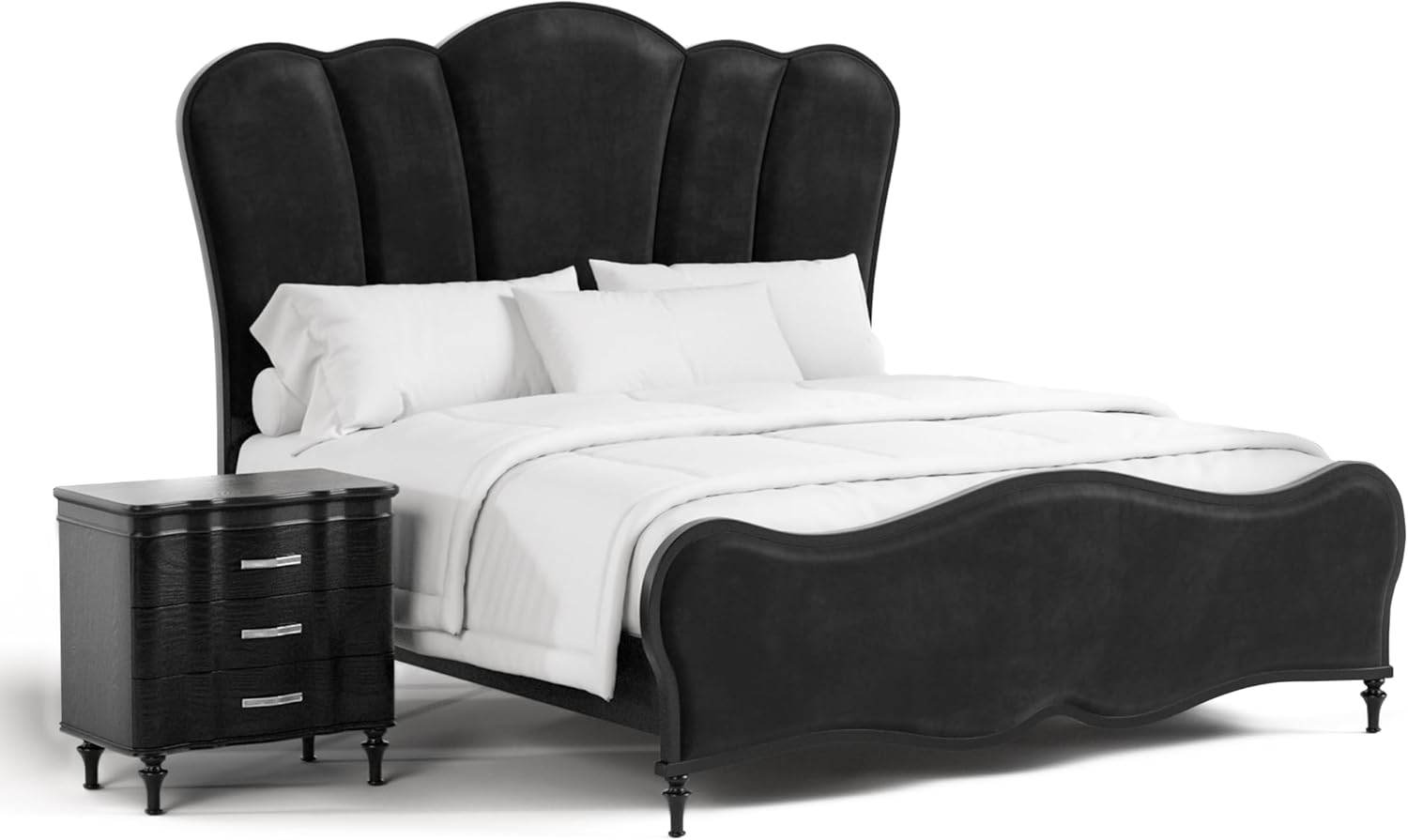 Furniture of America Seabliss Glam Solid Wood 2-Piece Bedroom Set with Padded Headboard Bed, Felt-Lined Top Drawer, Ball-Bearing Glides on Nightstand, Box Spring Needed, Queen, Black