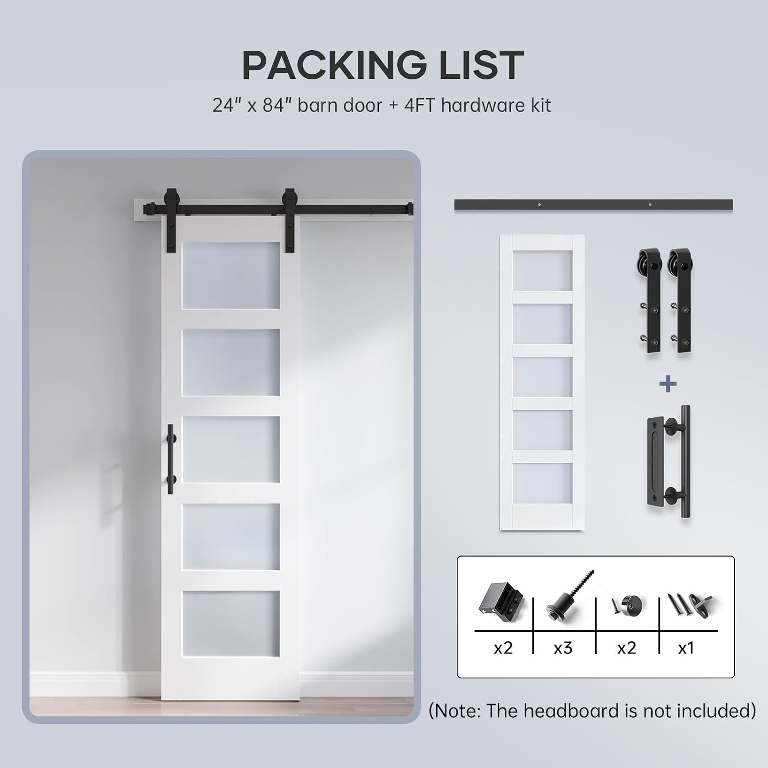 24x84 Inch Glass Sliding Barn Door Slab and 4ft Hardware Kit Included, 5 Frosted Glass, LVL Wood Panel Covered with White Water-Proof Scratch-Proof PVC Surface, Simple DIY Assembly