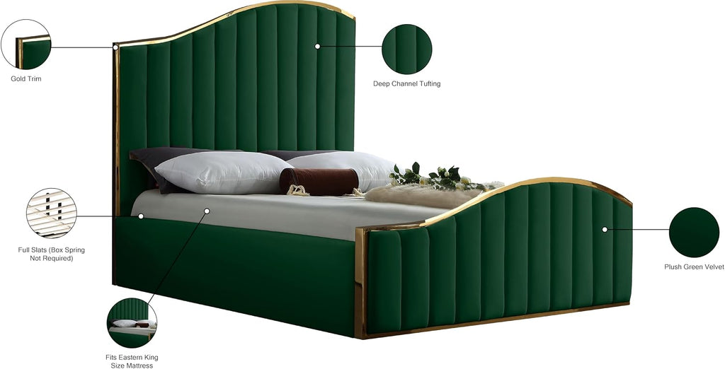 Meridian Furniture Jolie Collection Modern | Contemporary Velvet Upholstered Bed With Channel Tufting, And Polished Gold Metal Frame, Green, King