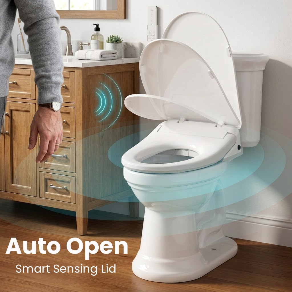 R&T V303 Electric Bidet Seat, Auto-Open Elongated Toilet Seat, Instant Warm Water, Adjustable Heated Seat, Air Dryer, Night Light, Remote Control, Bidet Attachment for Toilet