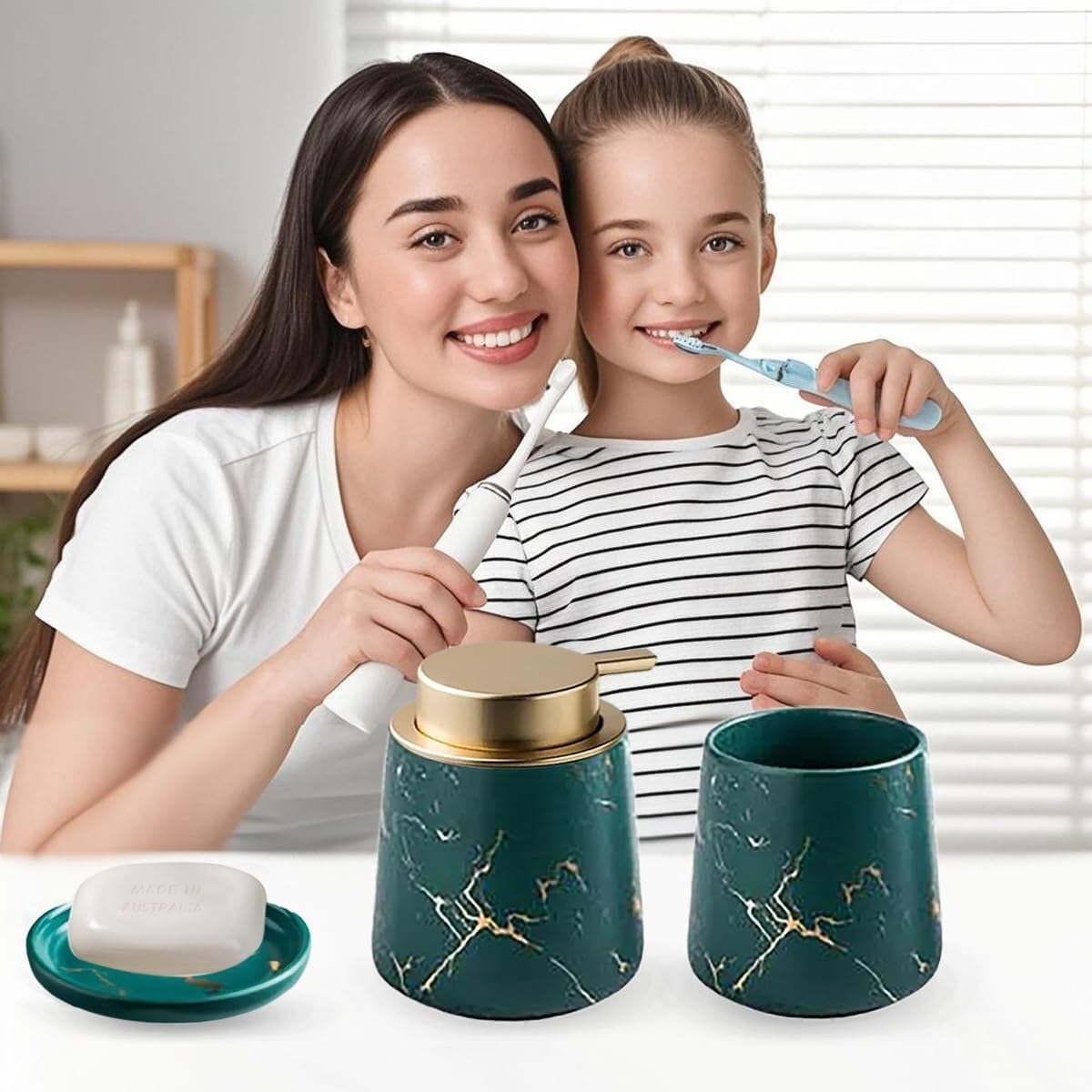 Bathroom Accessories Set Ceramic Bathroom Accessory Set Plant Patterns Accessories with Soap Dispenser Dish Tumbler for Home Decor Victorian(3 Piece Set-Green)