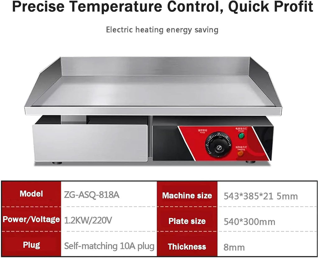 Commercial Griddle, Electric Griddle, Cast Iron Griddle, Stainless Steel Frame, 122℉-572℉ Adjustable Temperature Control, Removable Oil Storage Box, Restaurant Teppanyaki Grill,1200w