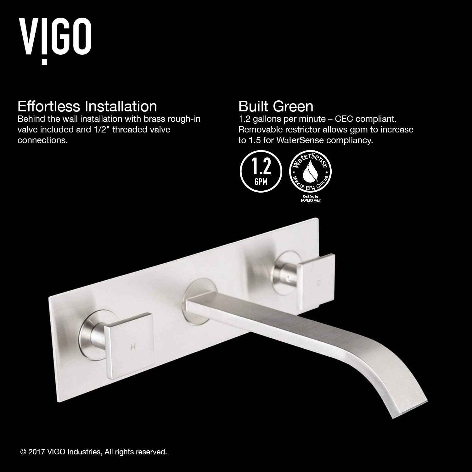 VIGO Titus Waterfall Two-Handle Three-Hole Wall Mount Bathroom Sink Faucet, Brushed Nickel, Modern Design, Solid Brass, 1.2 GPM WaterSense & Ceramic Disc Valve, Corrosion-Resistant