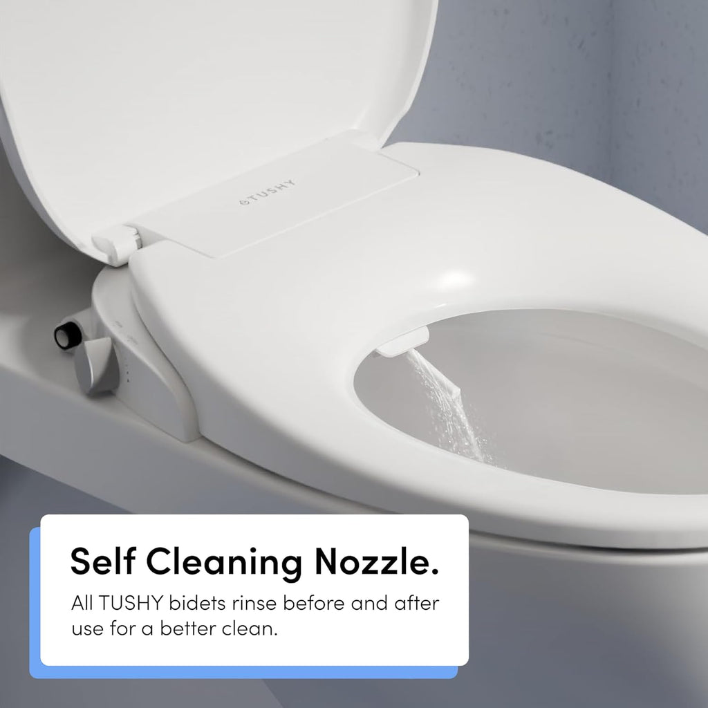 TUSHY Wave Non-Electric Bidet Toilet Seat: Sleek Round Design, Quick-Release for Easy Cleaning (DuoFlow Front & Rear Wash, Self-Cleaning Nozzle, Soft-Close Lid), 10-Min DIY Install, Bamboo Knob