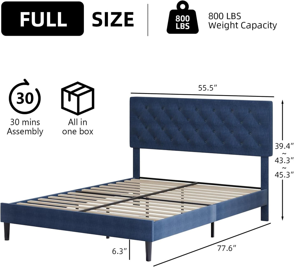 BarnFurin Full Size Bed Frame with Button Tufted Headboard, Upholstered Platform Bed with Wooden Slats Support, No Box Spring Needed, Easy Assembly, Navy Blue