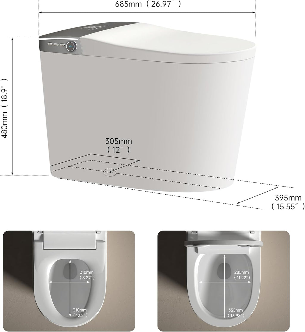Smart Toilet with Powerful Flush, Bidet with Instant Warm Water, Modern Elongated Tankless Toilet with Foot Sensor, Heated Bidet Seat & Dryer,LED Display, Night Light, Deodorization (White1)