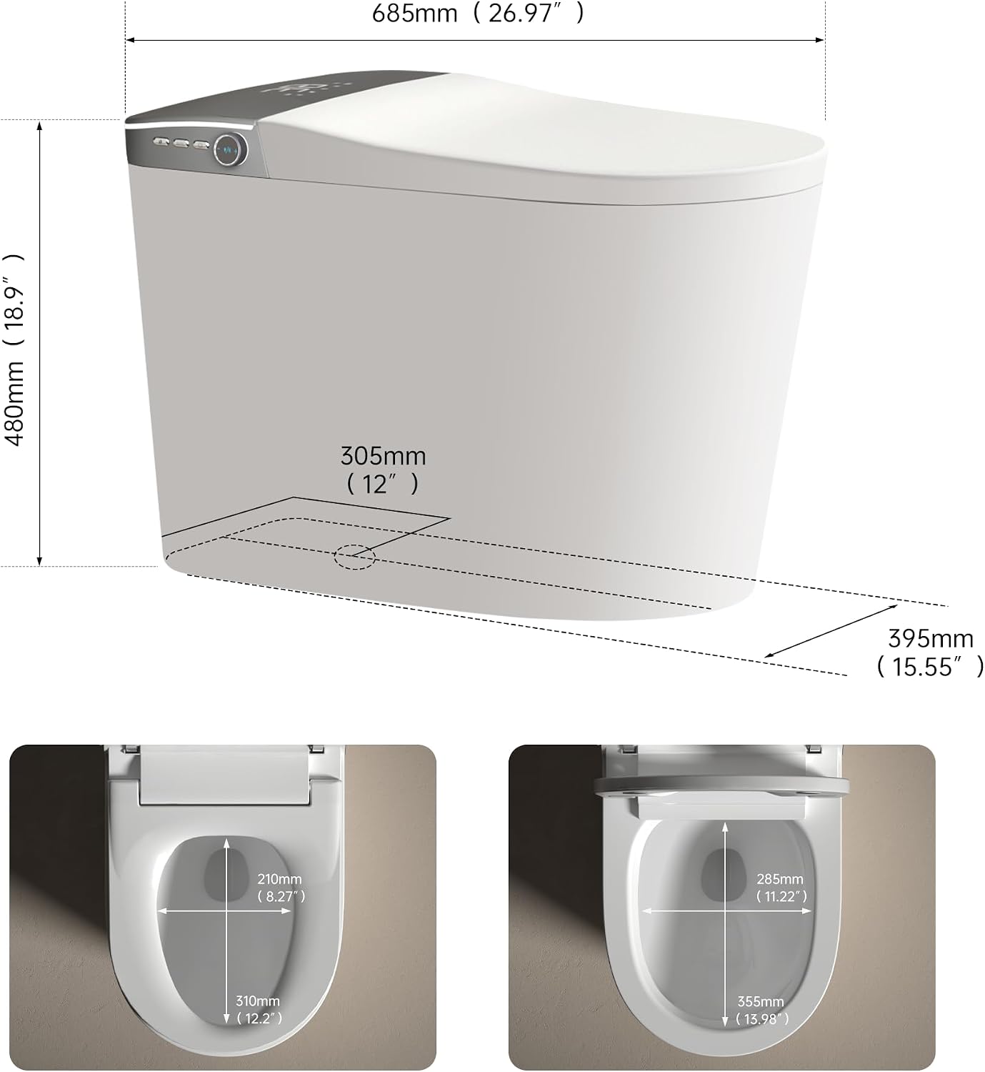 Smart Toilet with Powerful Flush, Bidet with Instant Warm Water, Modern Elongated Tankless Toilet with Foot Sensor, Heated Bidet Seat & Dryer,LED Display, Night Light, Deodorization (White1)