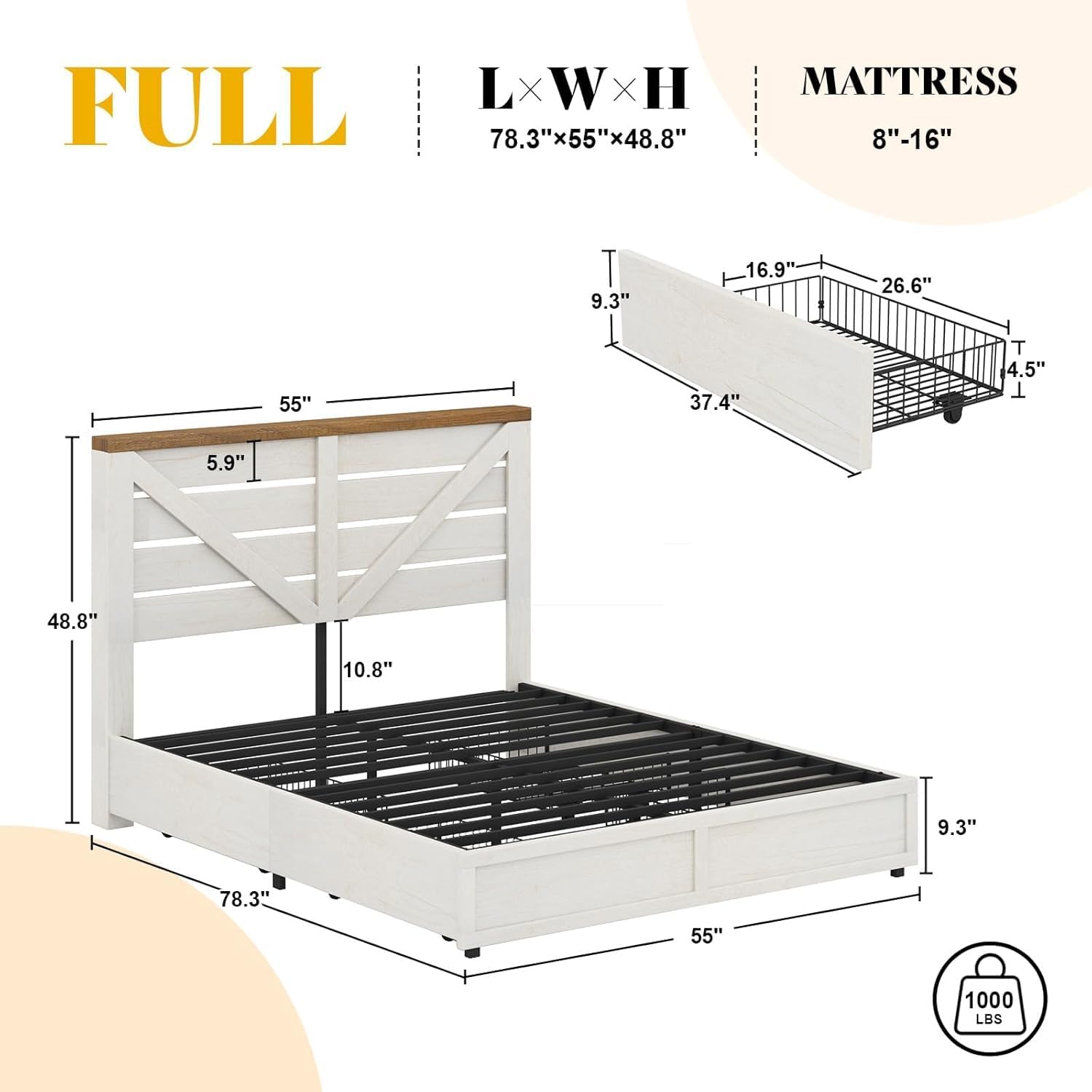 AMERLIFE Full Size Farmhouse Bed Frame with 4 Drawers, Wooden Storage Bed Frame with Headboard and Heavy Duty Metal Slats, Noisy Free, Easy Assemble, White/Barnwood