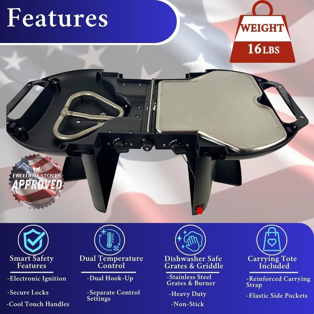 Portable Propane Grill & Griddle Combo by Freedom – Lightweight Foldable Gas Grill (16 lb), Dual Burners 9,200 BTU, Electric Ignition, Tote Included – Ideal for Camping, RV, Tailgating