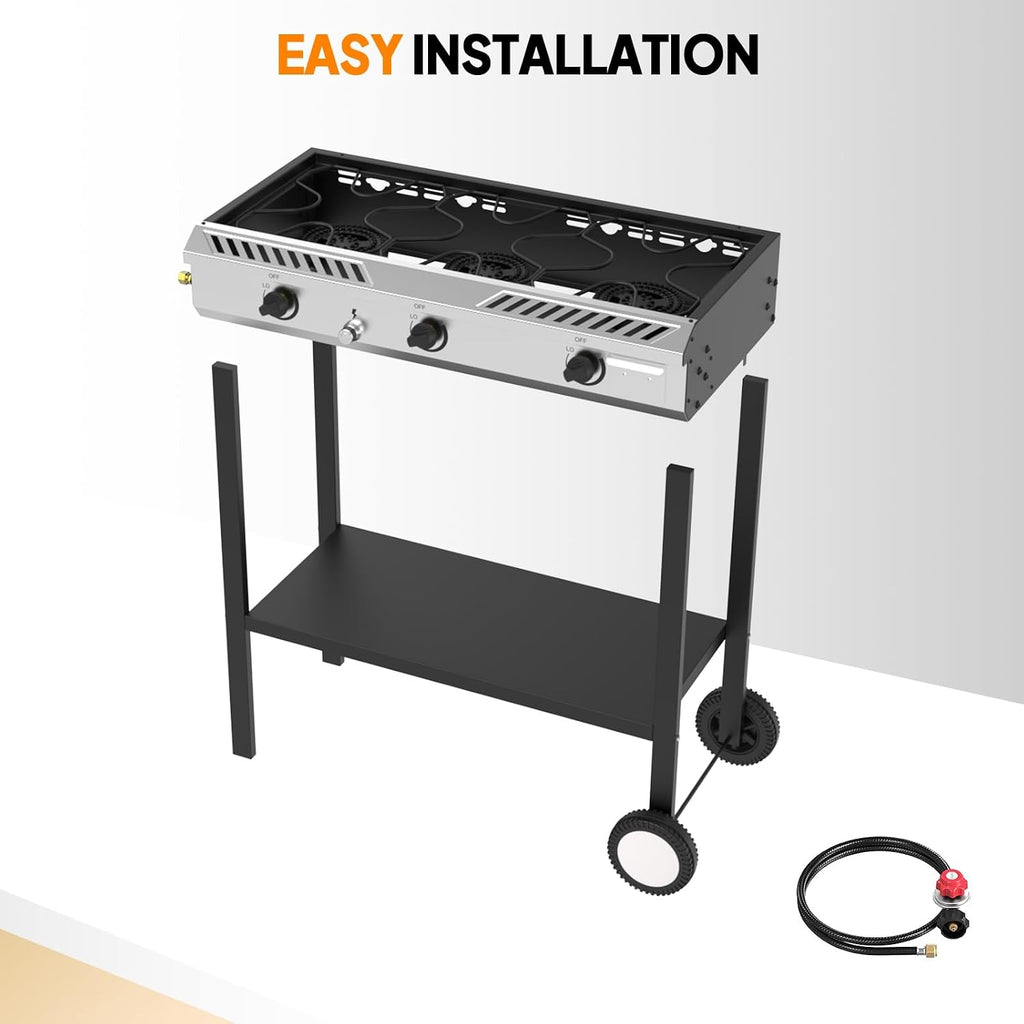 Bonnlo 3 Burner Propane Stove with Inginition, 225000BTU Gas Stove with Storage Shelf and Portable Rolling Wheels, Gas Burner for Outdoor Camping Patio Backyard Cooking Boiling Frying Stewing