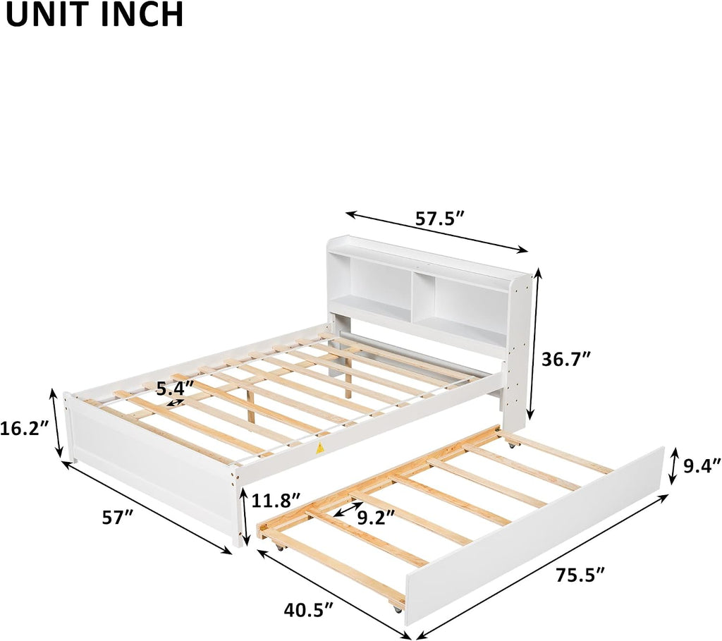 Full Size Bed Frame with Trundle,Captain's Bed Full with Bookcase Headboard for Kids,Trundle Bed with Storage for Kids,Teens,Adults(White)