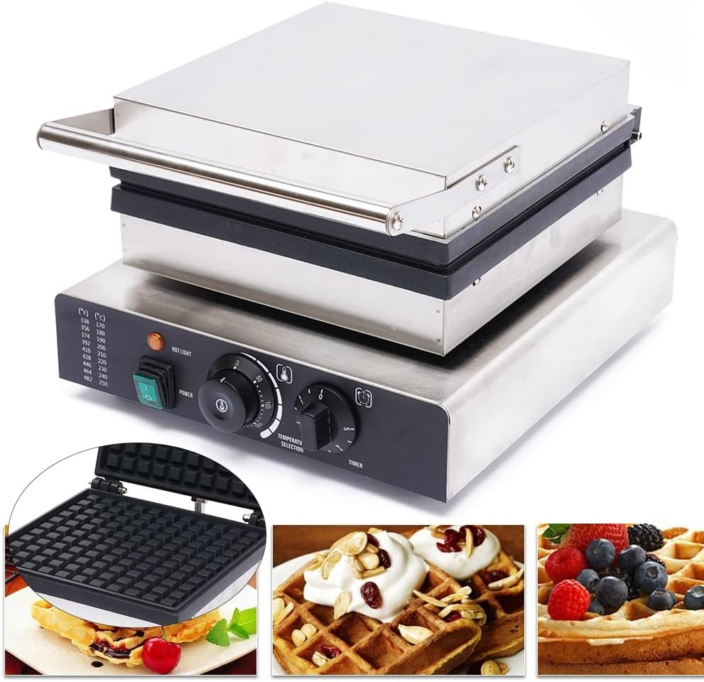 Waffle Making Machine, 110V 2000W Commercial Square Shaped Waffle Maker Electric Stainless Steel Rotatable Double-Head Heating Waffle Making for Tea Shops, Snack Bars, Dessert Shops (Square)