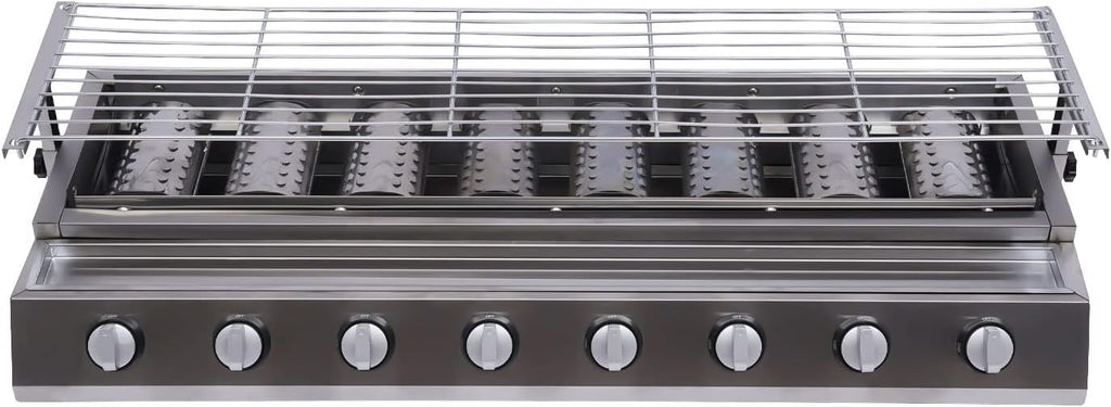 Commercial 8 Burner Gas Countertop Griddle with Smokeless Yakitori Grill, Adjustable Height LPG Propane Indoor Griddle, Removable Grill Net