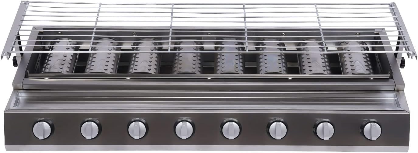 Commercial 8 Burner Gas Countertop Griddle with Smokeless Yakitori Grill, Adjustable Height LPG Propane Indoor Griddle, Removable Grill Net
