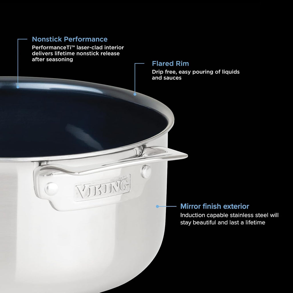 Viking 4-Ply Dutch Oven, 5 Quart Laser Clad Titanium Performance Ti Cookware Pot with Lid, Dishwasher and Oven Safe, Induction Ready, Blue/Silver