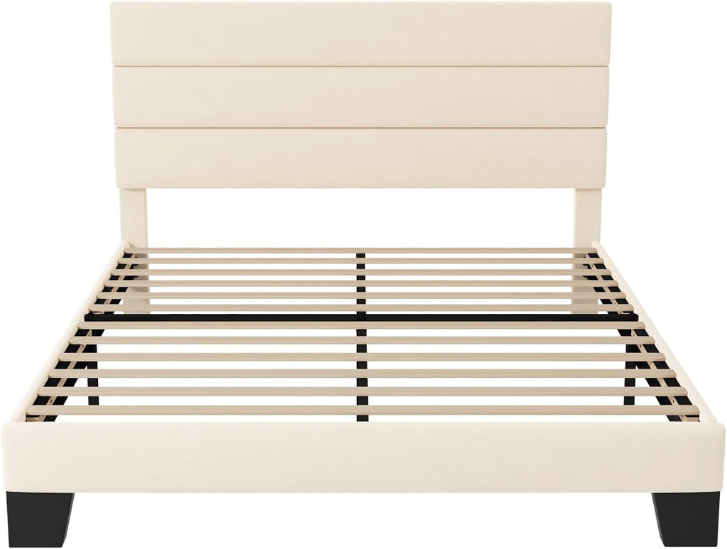 Allewie Full Size Platform Bed Frame with Velvet Upholstered Headboard and Wooden Slats Support, Fully Upholstered Mattress Foundation/No Box Spring Needed/Easy Assembly, Cream