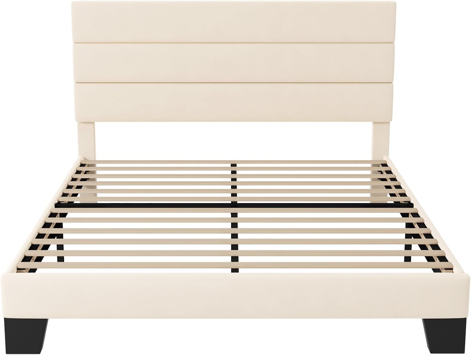 Allewie Full Size Platform Bed Frame with Velvet Upholstered Headboard and Wooden Slats Support, Fully Upholstered Mattress Foundation/No Box Spring Needed/Easy Assembly, Cream
