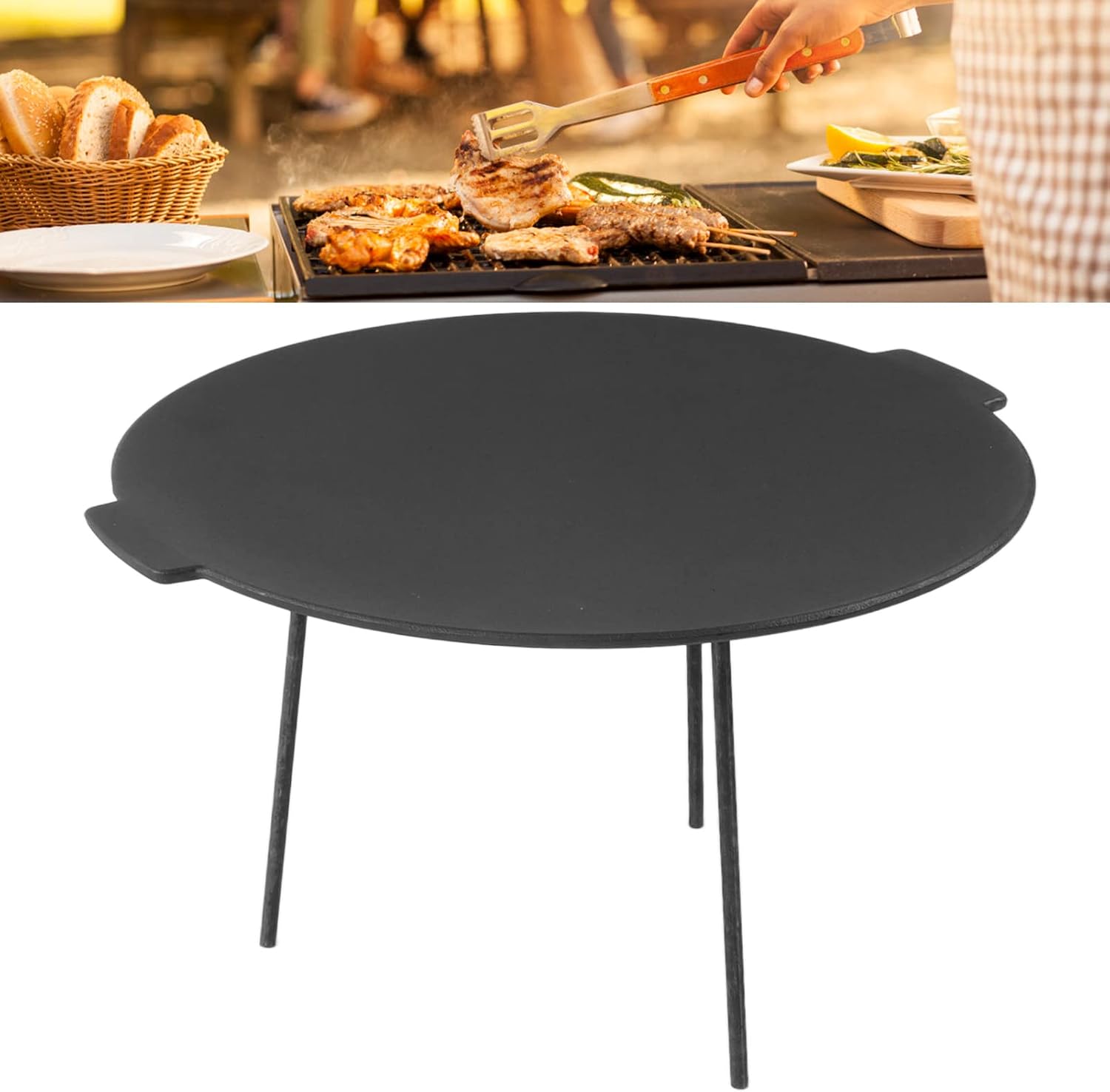 BBQ Grill Pan Smokeless Heat Resistant Cast Iron Round BBQ Griddle for Indoor and Outdoor Camping and Barbecue Parties