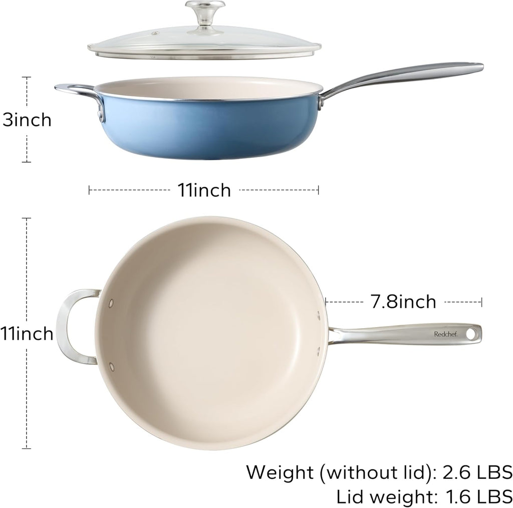 Redchef 5 QT Ceramic Stock Pot with Lid, 5QT Ceramic Saute Pan, Stay-Cool Handles, Dishwasher & Oven Safe, PFAS PFOA & PTFE Free (Blue)
